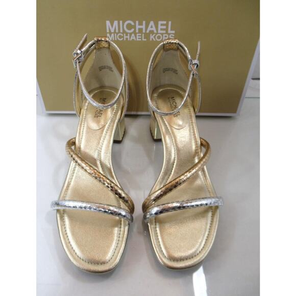 Michael Kors Porter Strappy Mid Block Stacked Heel Sandals Gold Multi Size 7 - Picture 4 of 6